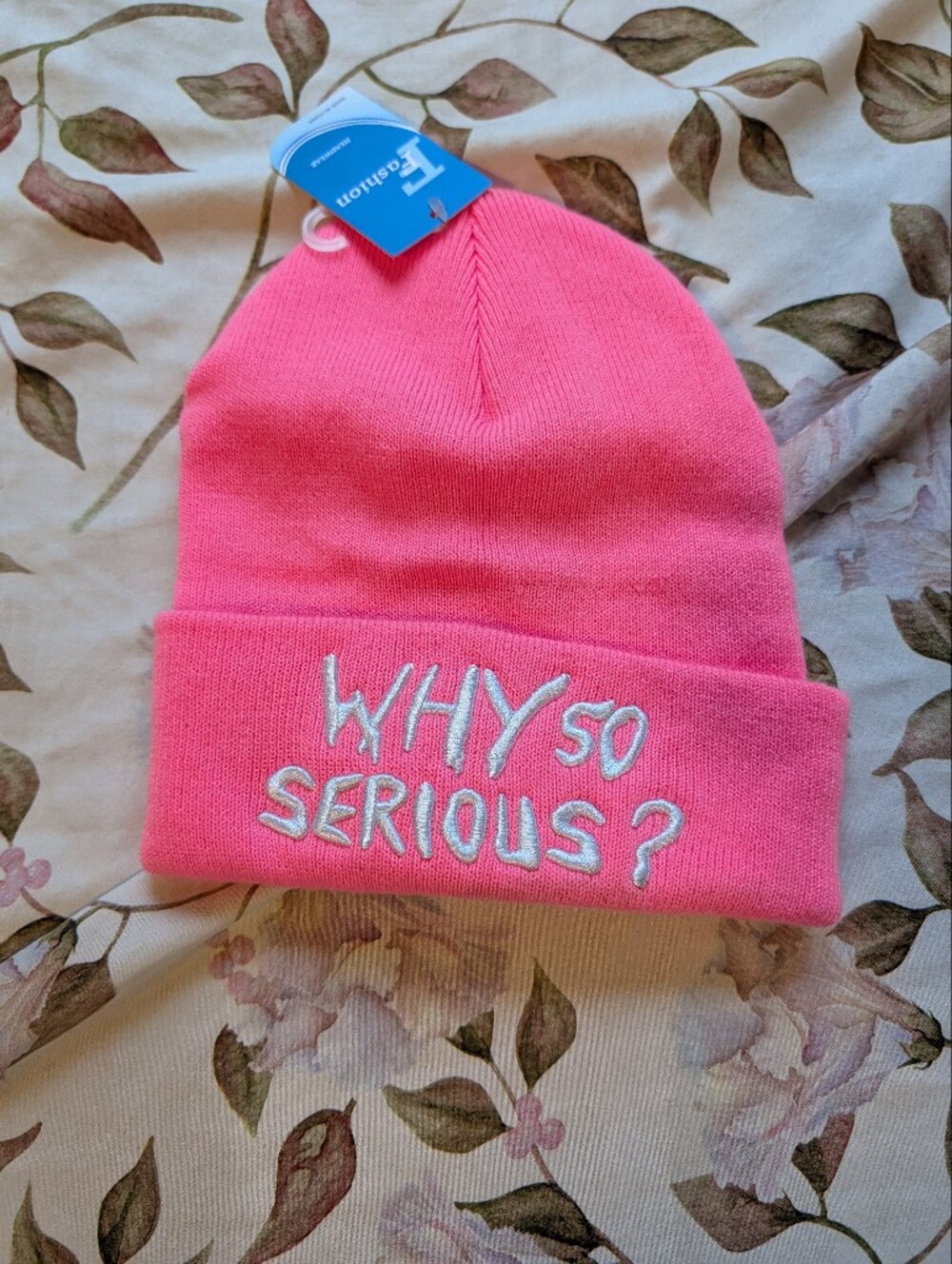 NWT Pink Knit Beanie Hat with 'Why So Serious?' Embroidery